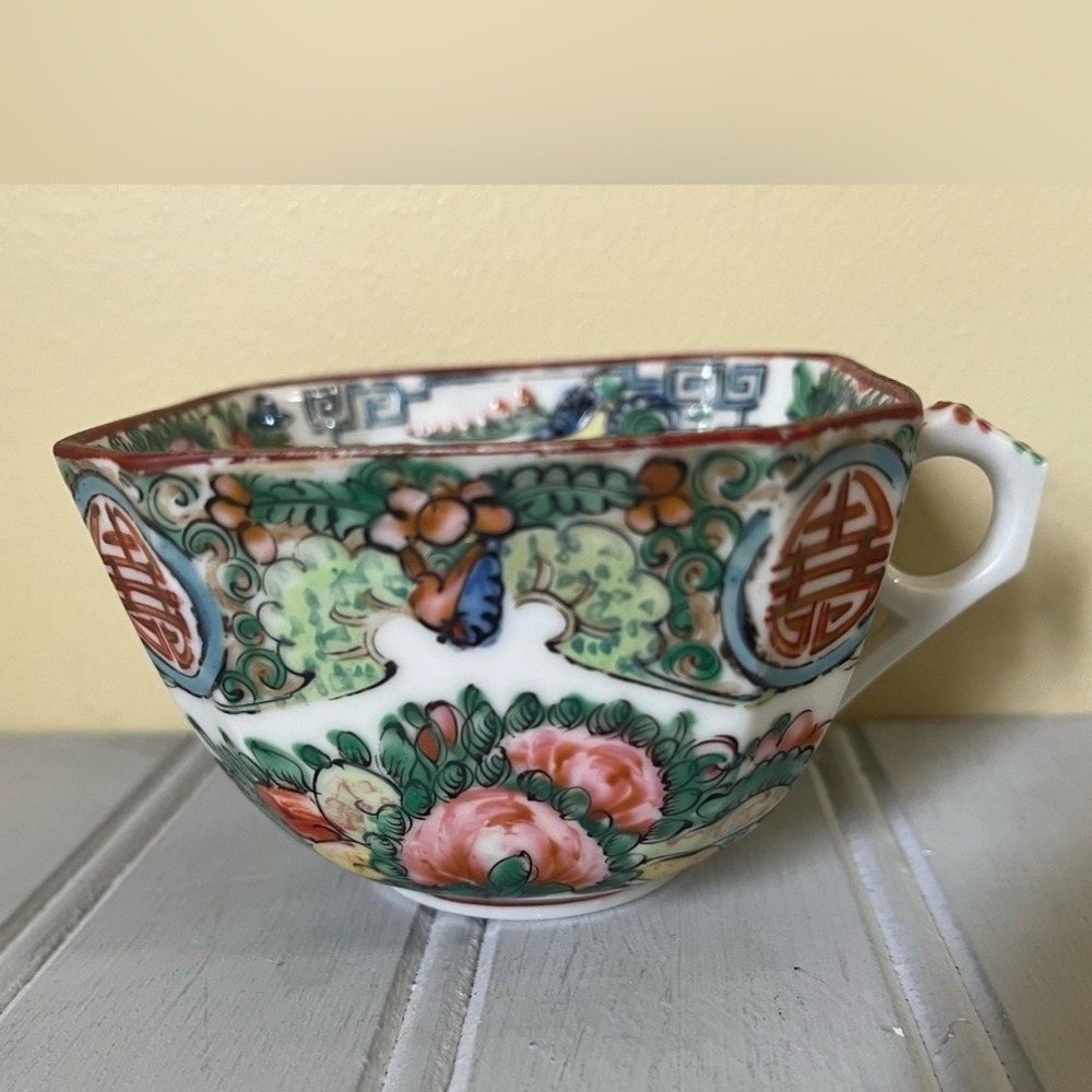 Vintage Porcelain Rose Medallion Tea Cup Hand Painted Floral Colorful Butterfly